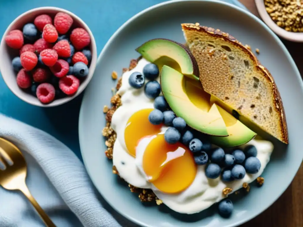 Desayuno sin gluten equilibrado con frutas frescas, yogur griego, granola, tostadas de aguacate y smoothie bowl