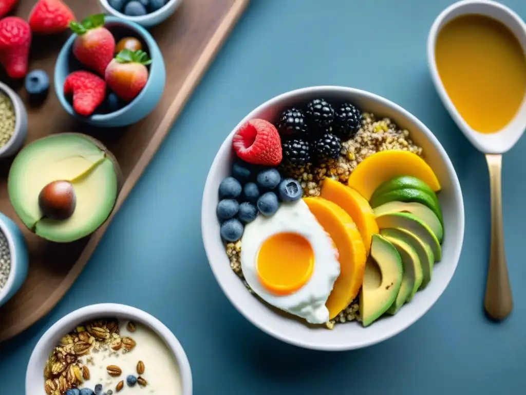 Un desayuno sin gluten equilibrado con frutas frescas, yogurt griego, aguacate, chía y smoothie