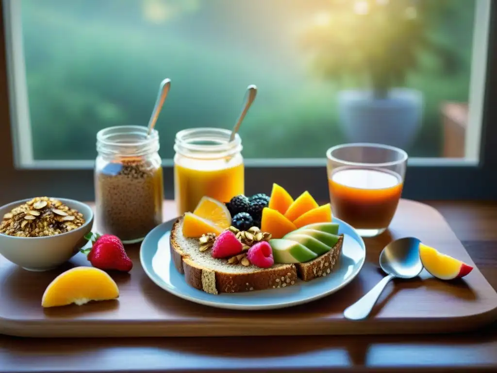 Un desayuno sin gluten equilibrado con frutas frescas, granola, chía pudding, tostadas de mantequilla de almendra y té herbal, bañados por la cálida luz matutina en una mesa de madera