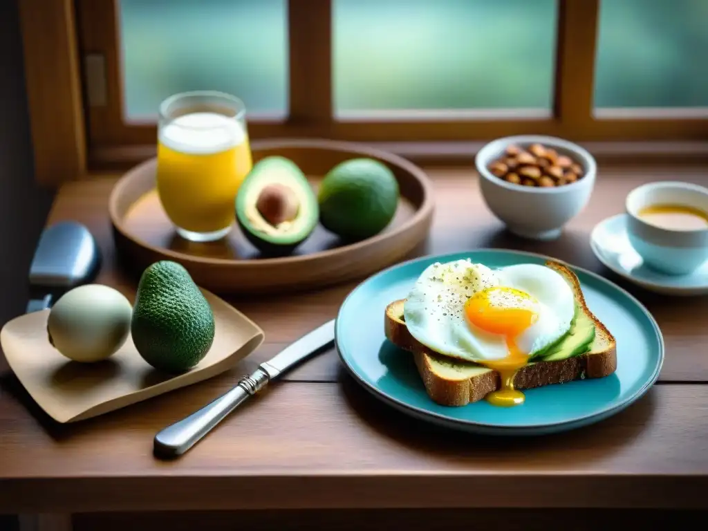 Un desayuno sin gluten equilibrado en una mesa de madera con frutas frescas, yogur, aguacate y huevos pochados, iluminado por la suave luz de la mañana