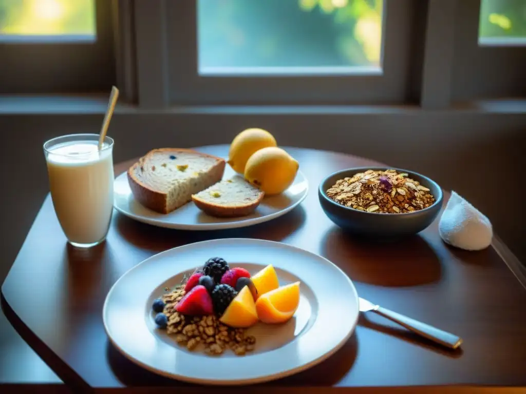 Desayuno sin gluten equilibrado en mesa soleada con frutas, pan, yogur y café