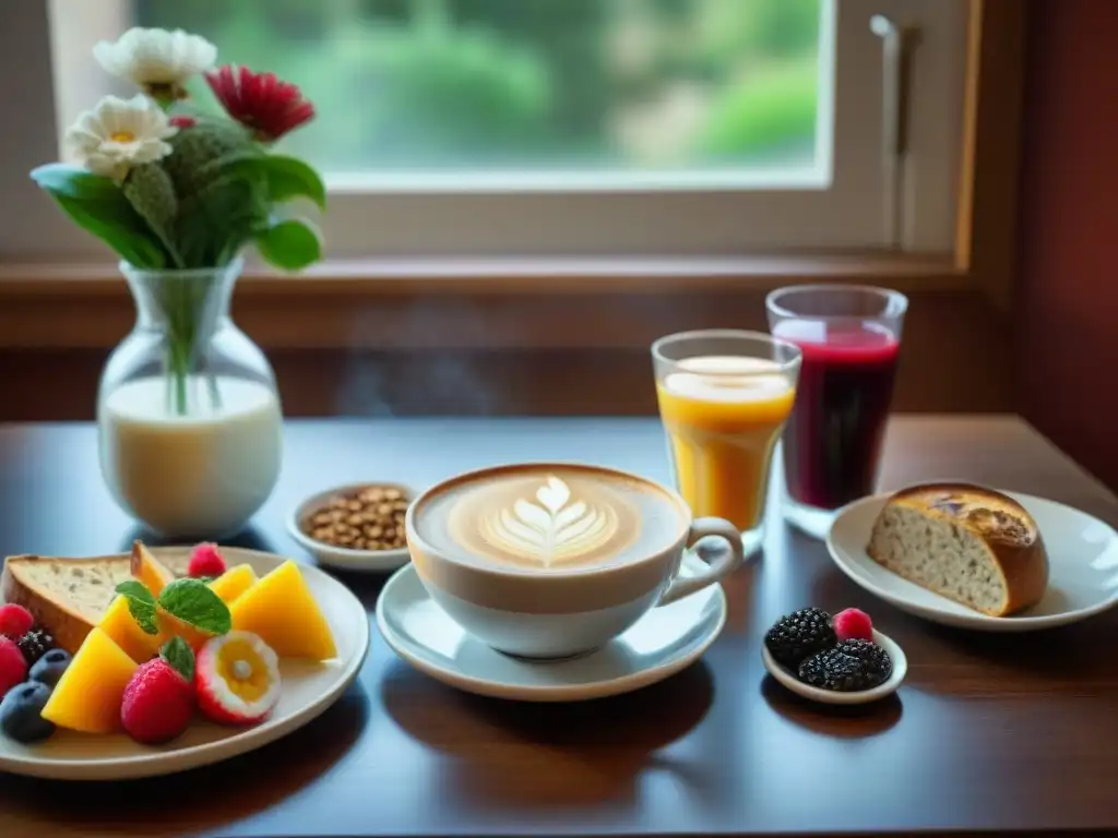 Un desayuno sin gluten equilibrado con pan recién horneado, frutas variadas, yogur con granola y jugos frescos, en una mesa elegante y bañada de luz matutina en una acogedora cocina con flores frescas y café humeante