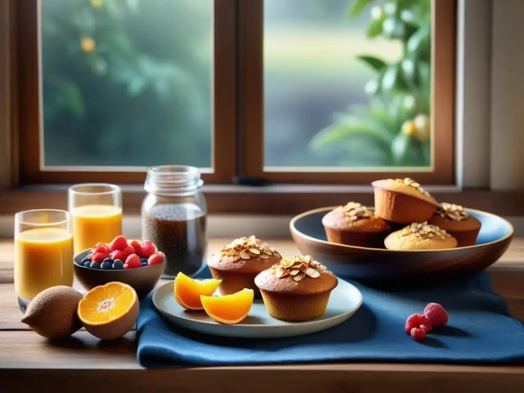 Un desayuno sin gluten fáciles y saludables: muffins de almendra, frutas vibrantes, café artesanal y chía pudding casero