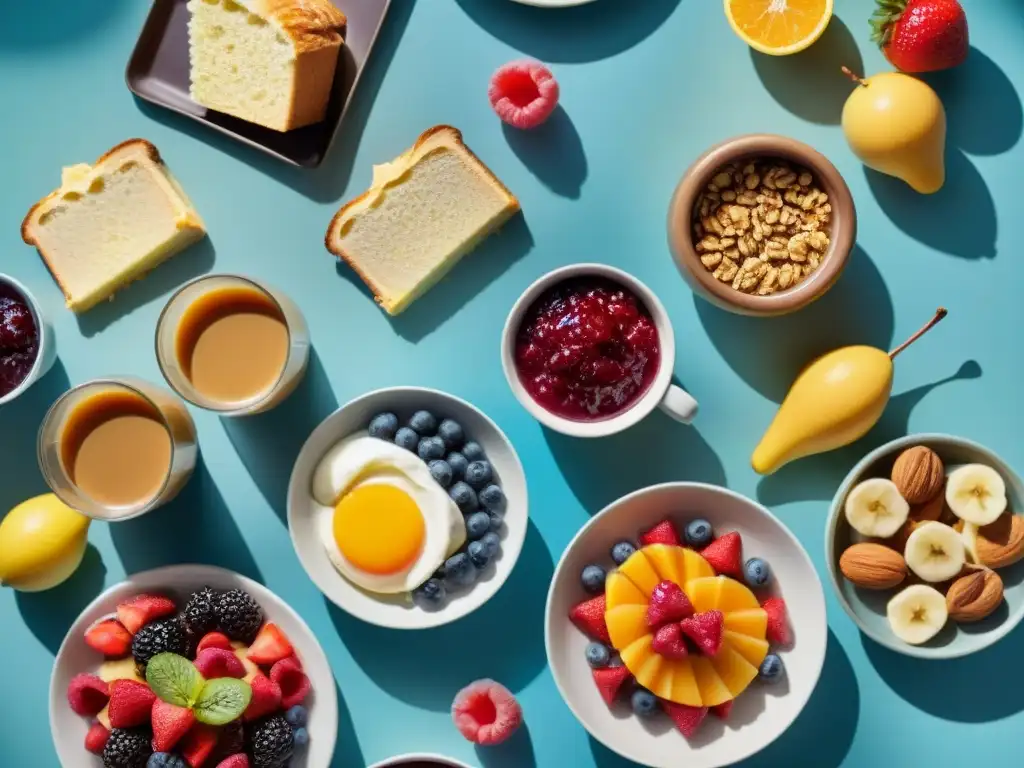 Un desayuno sin gluten en familia: mesa llena de colores, frutas, pasteles y jugos, bañados por la cálida luz de la mañana