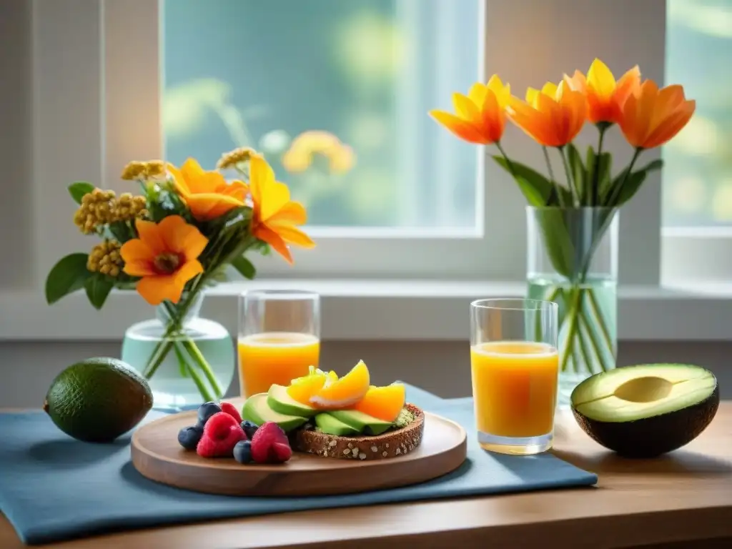 Un desayuno sin gluten en familia: mesa con frutas, chía, aguacate y jugo de naranja, libros y flores frescas