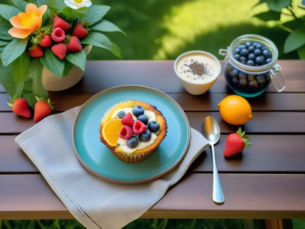 Un desayuno sin gluten en familia: mesa al aire libre con muffins, frutas, café y pudín de chía