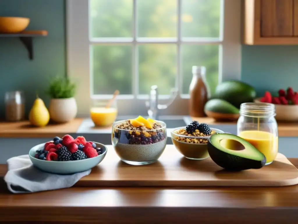 Un desayuno sin gluten familiar en una cocina acogedora con variedad de opciones saludables y coloridas