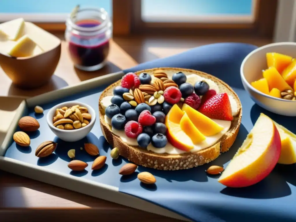 Un desayuno sin gluten con frutos secos en una mesa de madera bañada por la cálida luz matutina