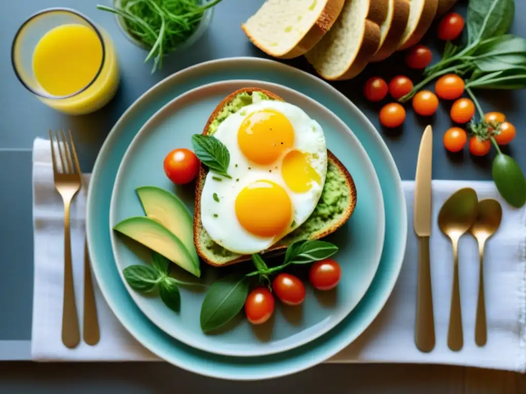 Un desayuno sin gluten con huevos, delicadamente decorado y bañado por la cálida luz de la mañana