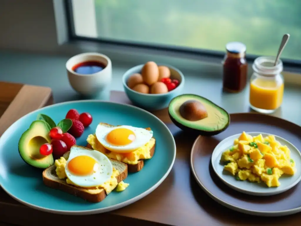 Un desayuno sin gluten con huevos en una mesa bellamente decorada, bajo una cálida luz natural