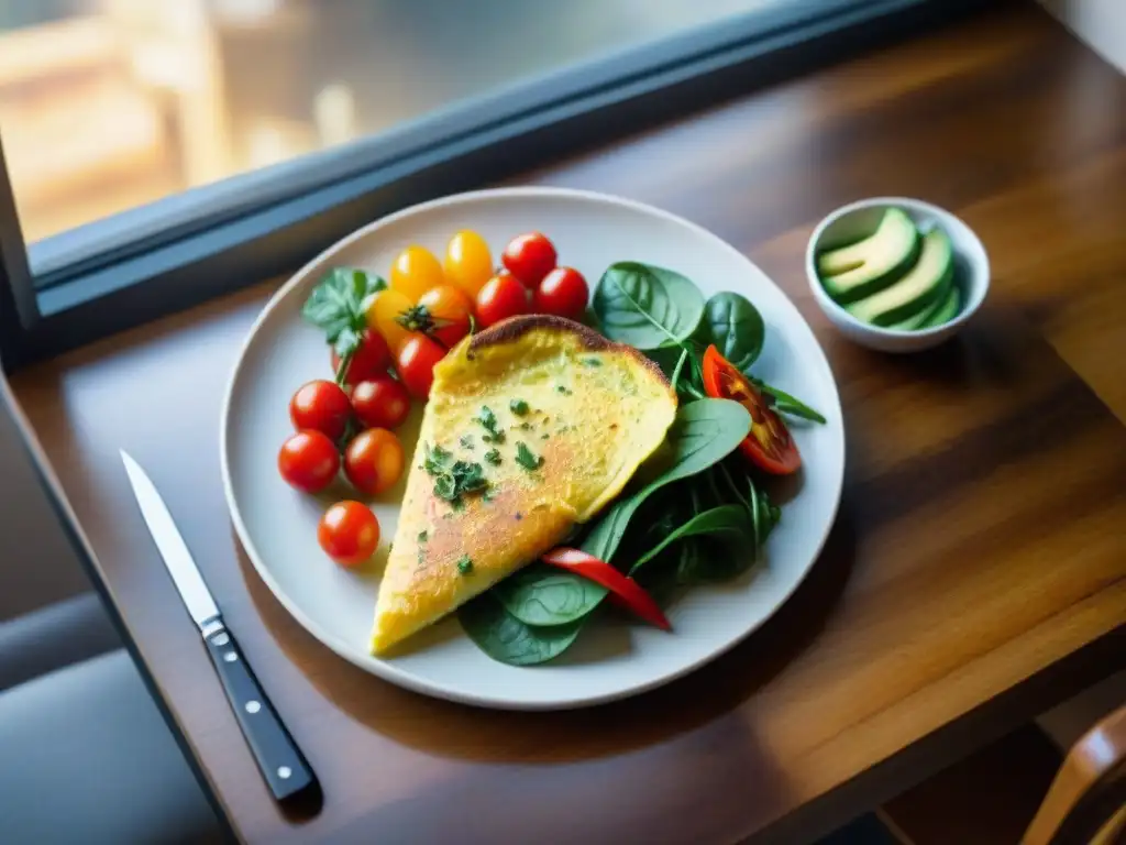 Un desayuno sin gluten con huevos: omelette de vegetales y aguacate en un plato colorido sobre una mesa de madera rústica