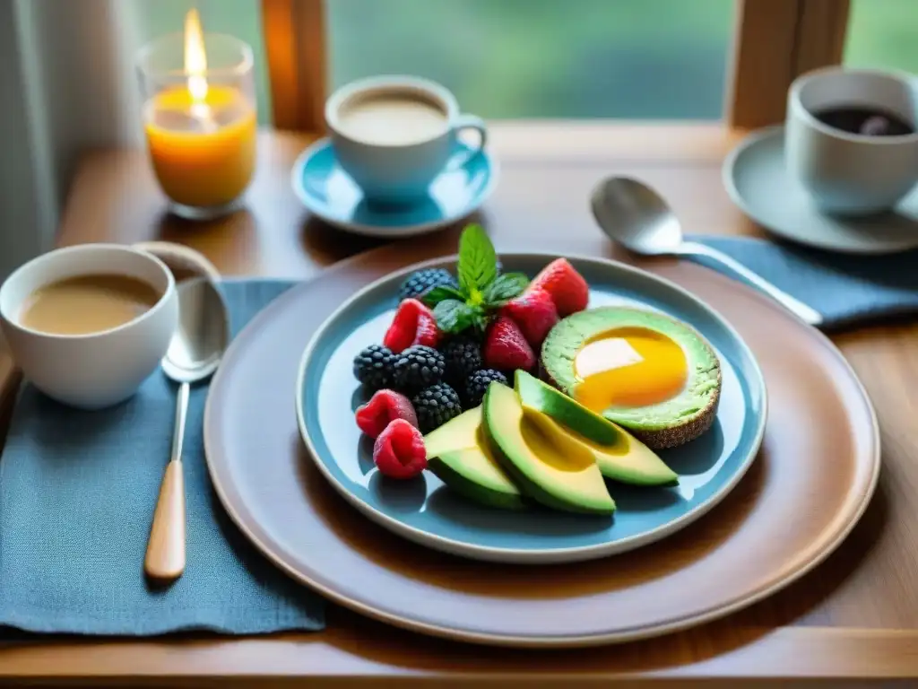 Un desayuno sin gluten lleno de color y sabor en una mesa elegante bañada por luz natural