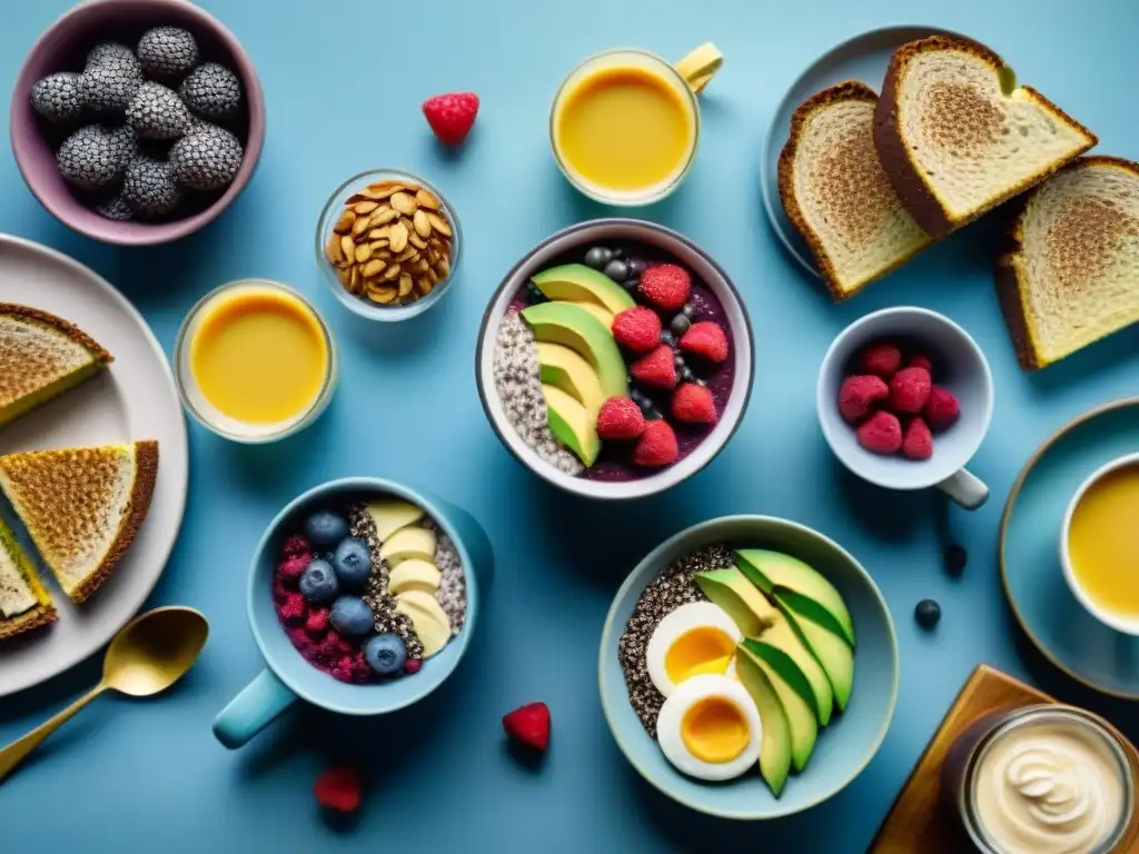 Un desayuno sin gluten rápido en una mesa con acai bowls, pudding de chía, frutas frescas, tostadas con aguacate y café con leche de almendra