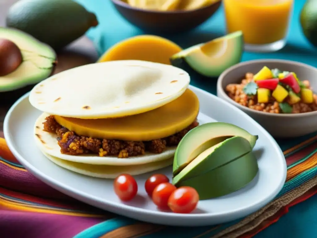 Un desayuno sin gluten sabor latino: una vibrante y detallada imagen de un festín con arepas, tamales, ensalada de frutas tropicales y aguacate fresco