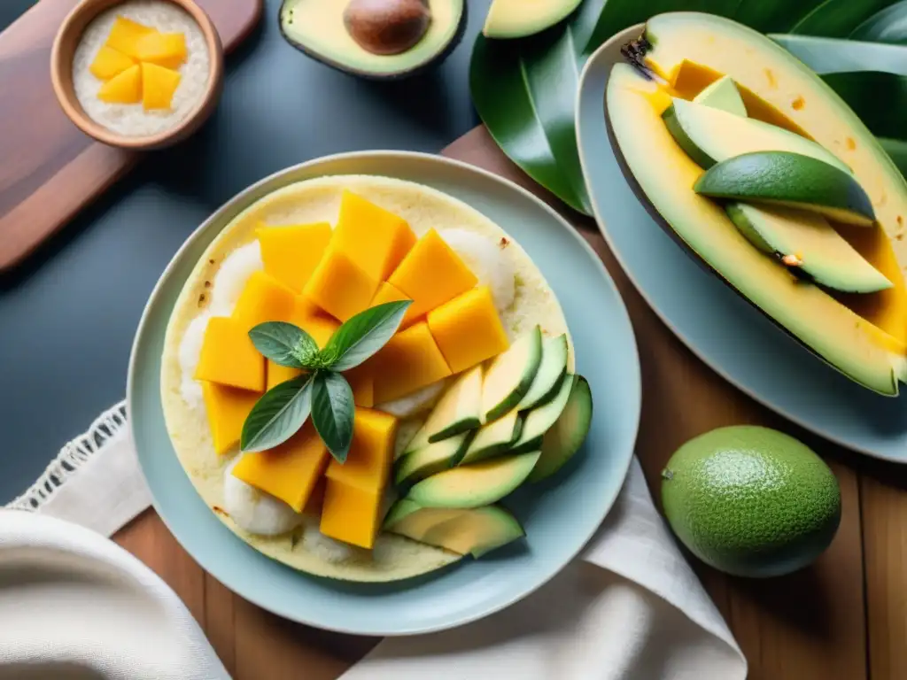 Un desayuno sin gluten sabor latino: vibrante mesa con frutas tropicales y arepas doradas, café de olla y hojas verdes