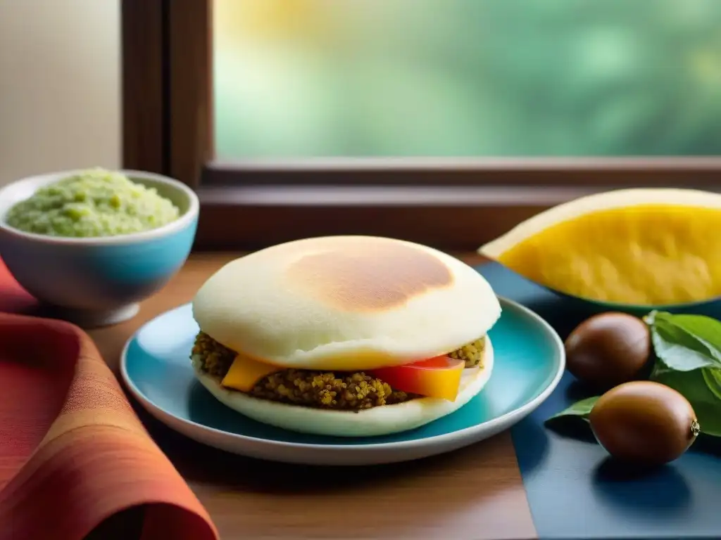 Desayuno sin gluten sabor latino: Desayuno colorido con arepas, tamalitos, frutas tropicales frescas y café, en una mesa vibrante bajo la luz matutina