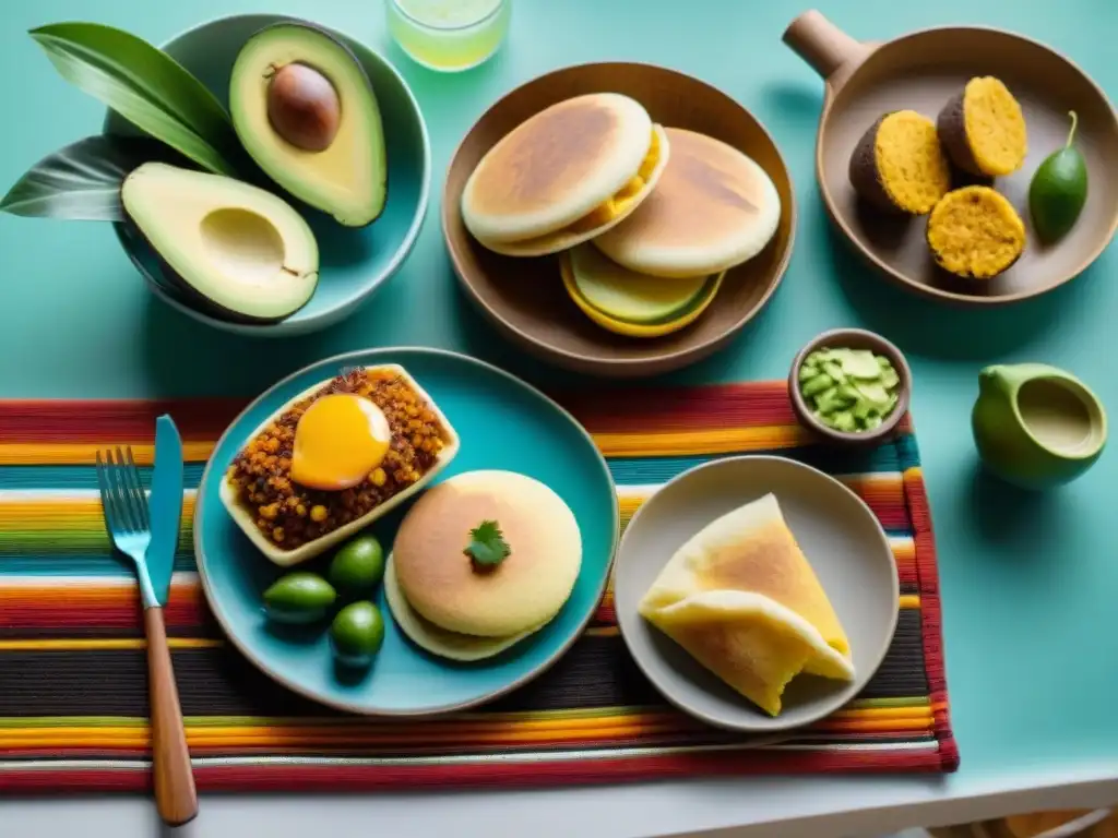 Un desayuno sin gluten con sabor latino: mesa colorida y vibrante con arepas, tamales, frutas tropicales y panes horneados