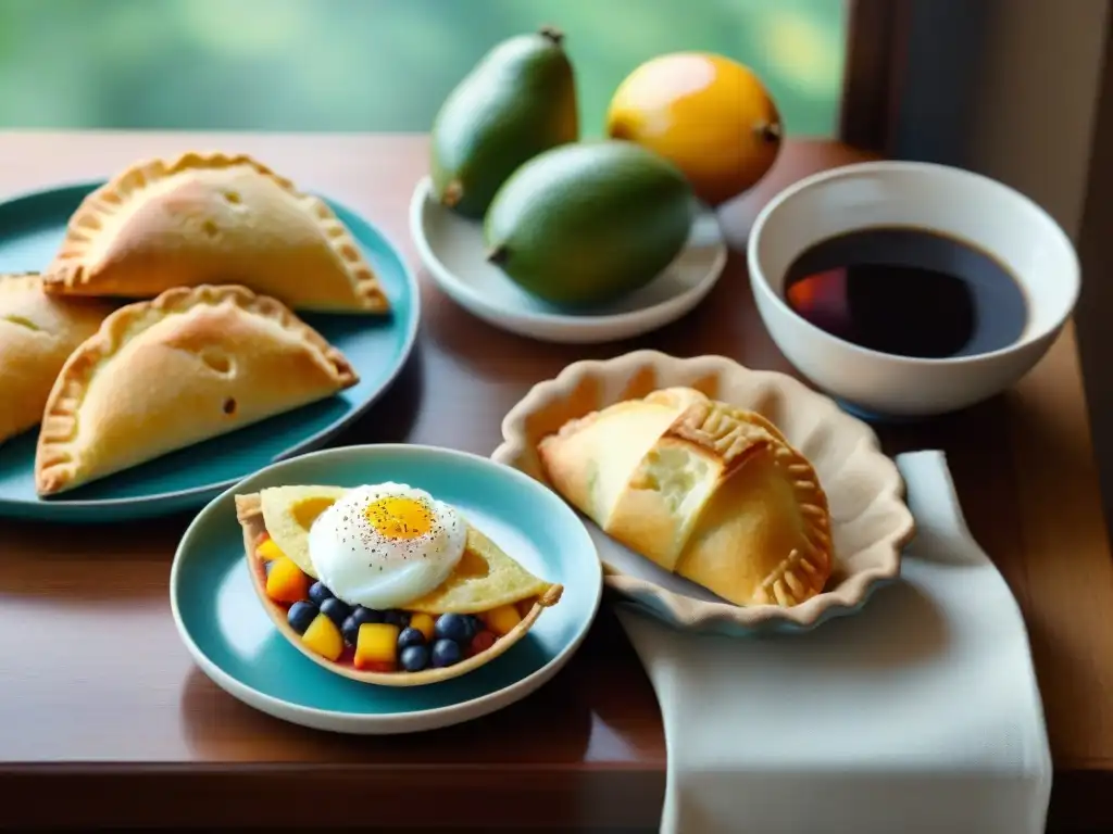 Un desayuno sin gluten sabor latino: mesa colorida con frutas tropicales, empanadas y café aromático bajo luz cálida