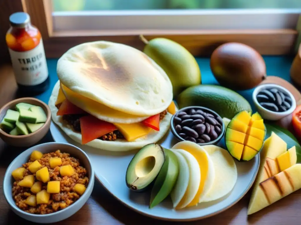 Desayuno sin gluten sabor latino: mesa con coloridos platos tradicionales y frutas tropicales frescas