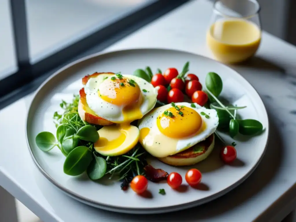 Un desayuno gourmet con huevos Benedict sin gluten, bacon crujiente y aguacate fresco en un plato blanco elegante