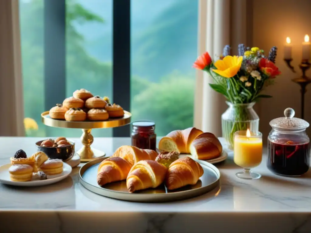 Un desayuno gourmet sin gluten online en una elegante mesa de mármol con exquisiteces y delicados detalles, iluminado por la cálida luz de la mañana