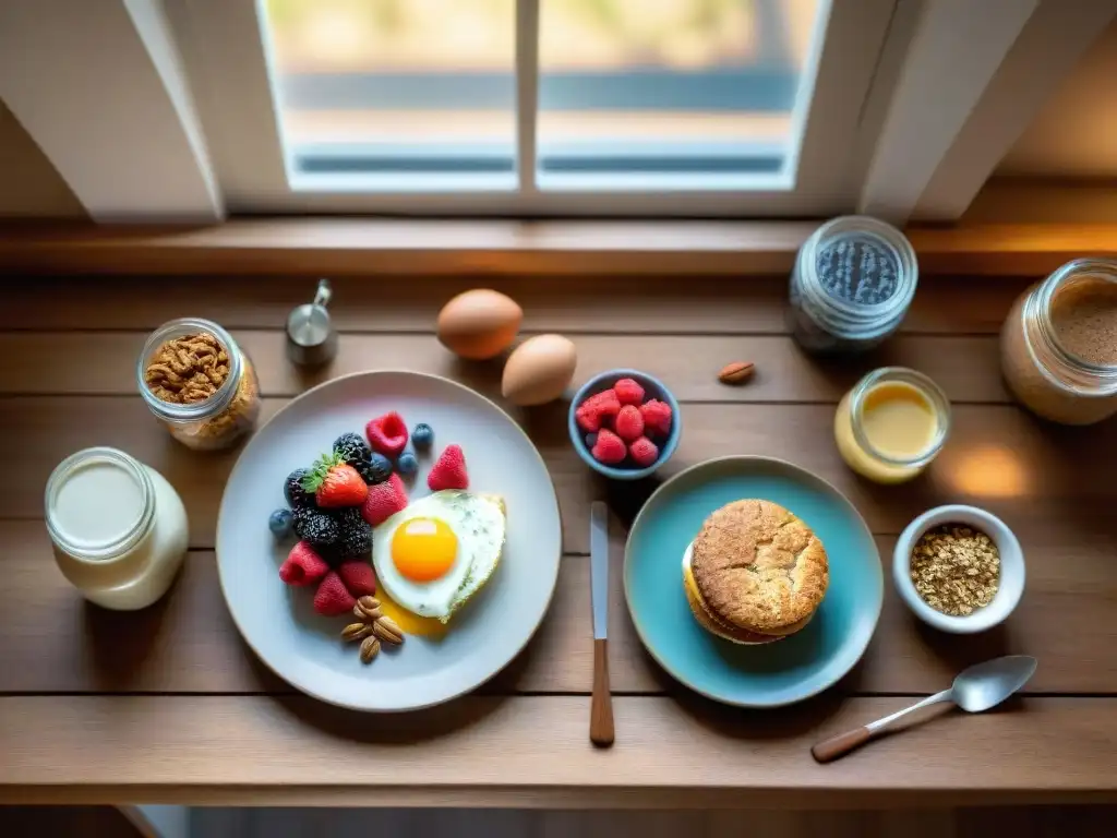 Desayuno gourmet sin gluten online con exclusivos ingredientes en mesa de madera con luz natural