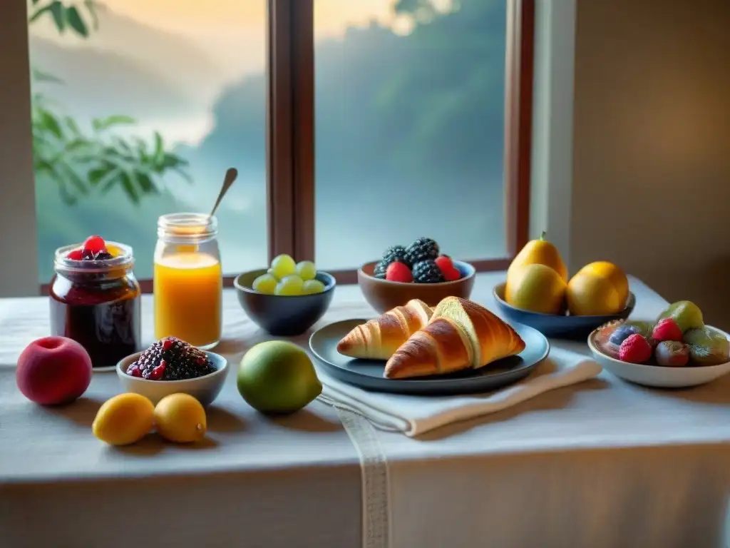 Un desayuno gourmet sin gluten online, con exquisitos pasteles y frutas frescas, servido en elegantes platos de cerámica