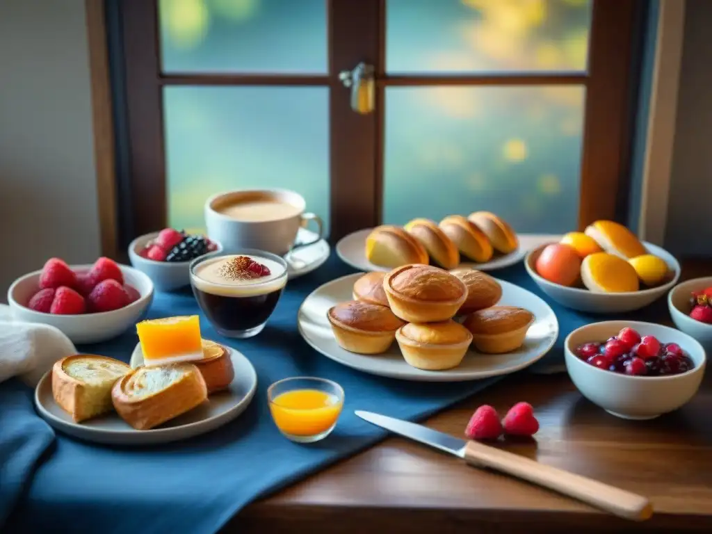 Un desayuno gourmet sin gluten online con pastelería, frutas y café, en una mesa de madera rústica con luz natural cálida