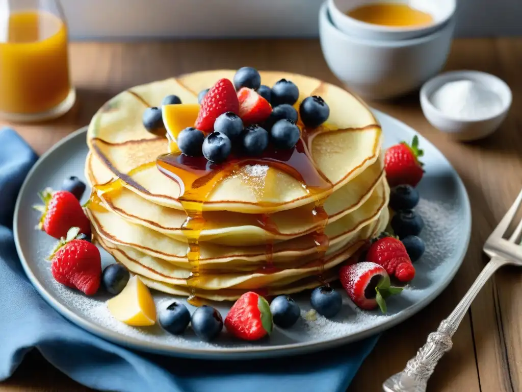 Un desayuno irresistible: crepes sin gluten con miel y frutos rojos frescos en plato de madera