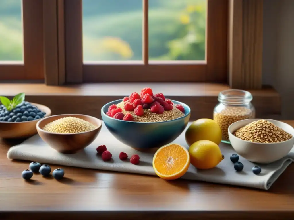 Un desayuno lleno de color con alternativas sin gluten cereales: quinoa, amaranto, trigo sarraceno y copos de arroz, acompañados de frutas frescas