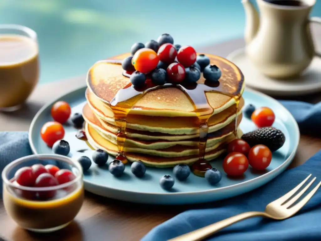 Un desayuno sin gluten fácil y rápido: mesa colorida con panqueques, chía pudding, tostadas de aguacate y café caliente