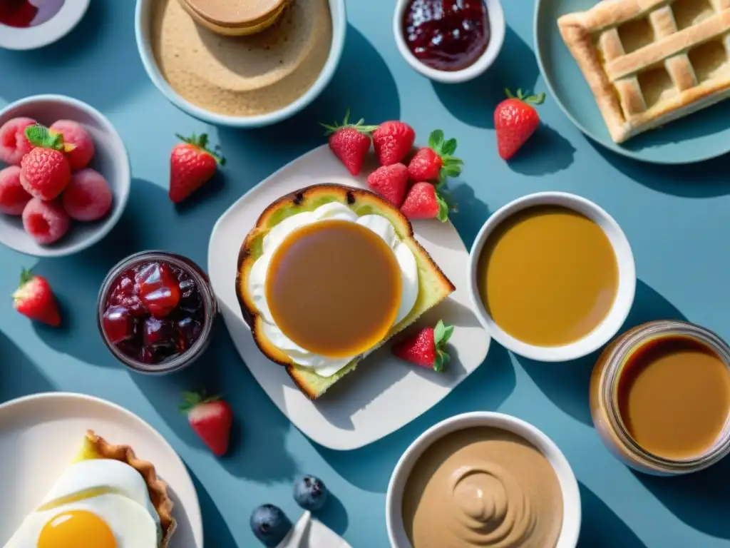 Desayuno sin gluten fácil y rápido: Mesa de desayuno con frutas, pasteles y mantequillas de frutos secos en un ambiente fresco y saludable