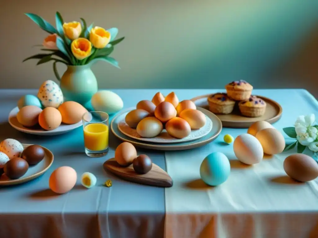 Un desayuno de Pascua sin gluten, con una mesa elegante adornada con pastelería y frutas frescas, bañada en suave luz matutina