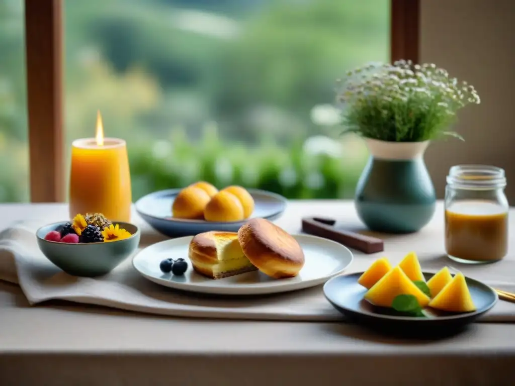 Un desayuno sin gluten fácil y rápido en una mesa elegante con deliciosas opciones, bañado en cálida luz natural y rodeado de un jardín sereno