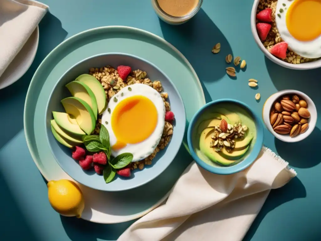 Un desayuno sin gluten fácil y rápido: mesa elegante con frutas frescas, yogur con granola, tostada de aguacate y bowl de smoothie colorido