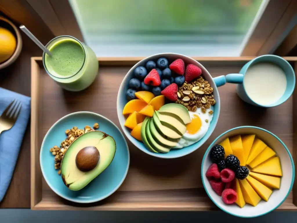 Un desayuno sin gluten fácil: mesa con frutas frescas, yogur con granola, pan de aguacate, smoothie bowl y café