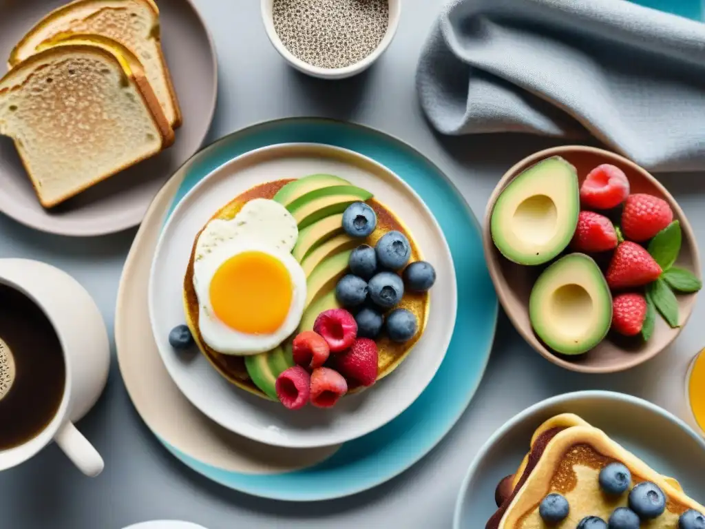 Un desayuno sin gluten fácil: mesa con frutas, panqueques, pudín de chía, tostadas de aguacate y café con leche de almendra