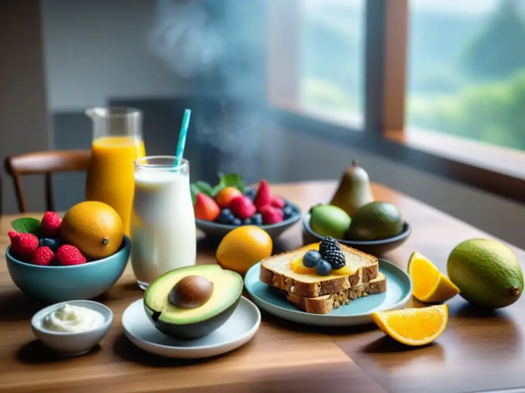 Desayuno sin gluten en mesa de madera con frutas frescas, yogur con granola, tostadas de aguacate y café humeante