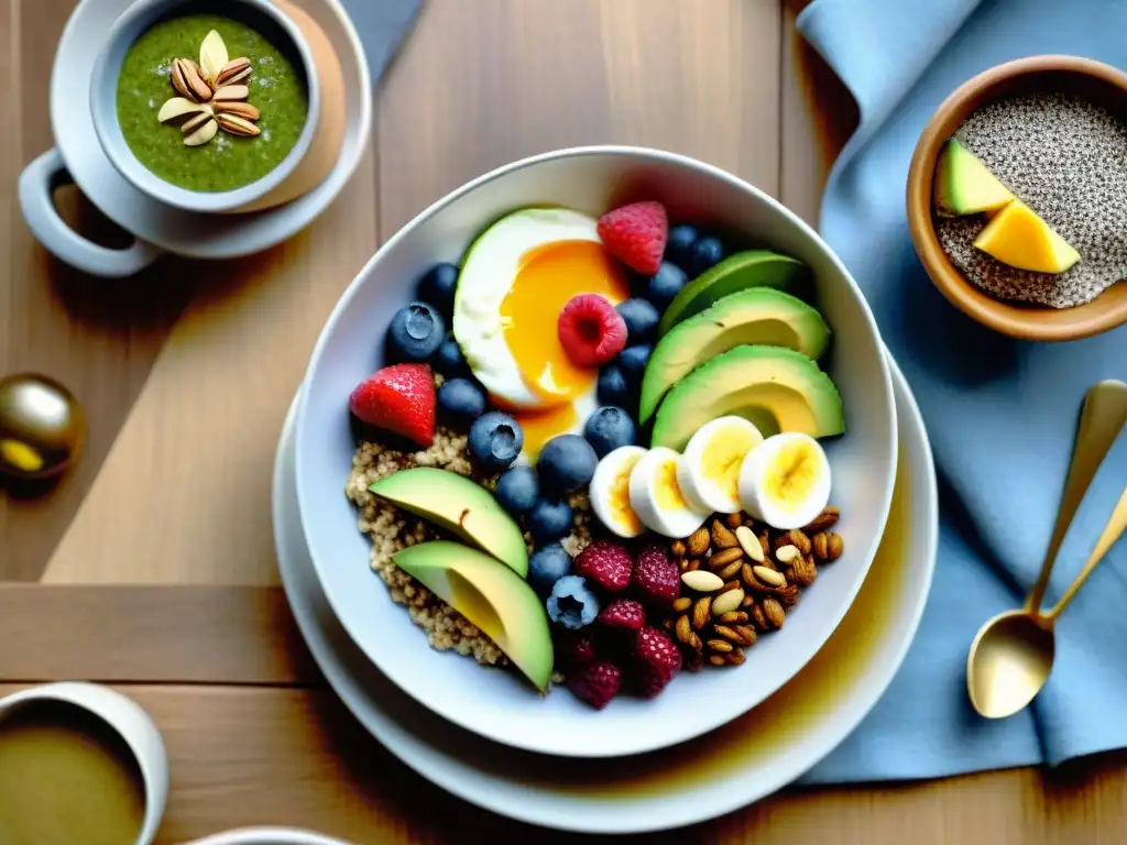 Un desayuno sin gluten fácil y rápido en una mesa de madera con opciones saludables y coloridas, iluminado por la luz natural