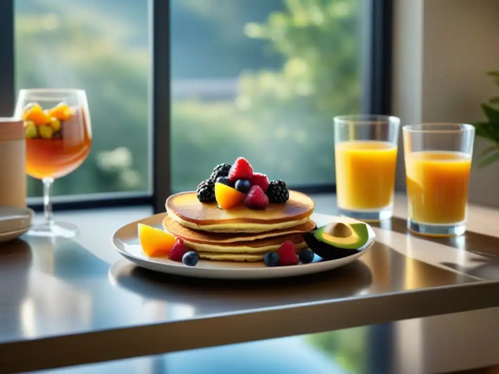 Un desayuno sin gluten fácil: mesa con parfait de frutas, panqueques, tostada de aguacate, café y jugo de naranja en una cocina soleada