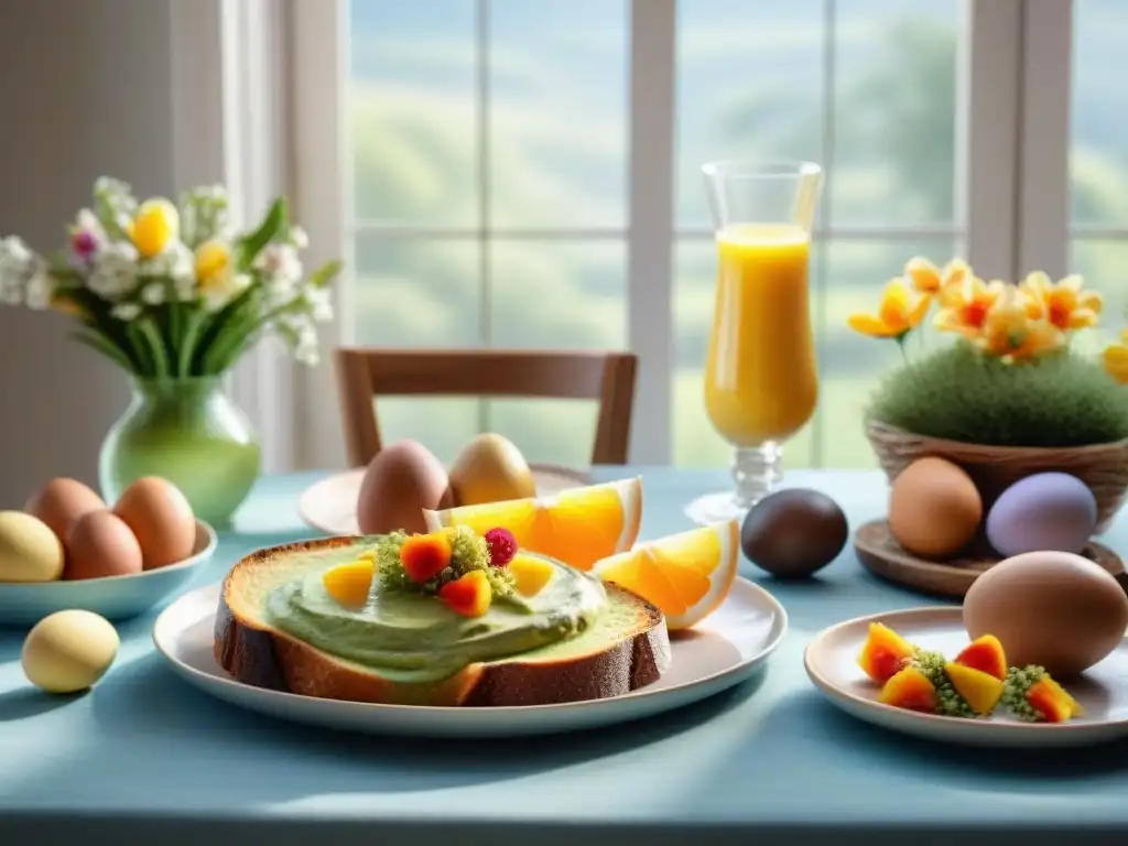 Un desayuno de Pascua sin gluten: mesa con variedad de platos y decoración primaveral