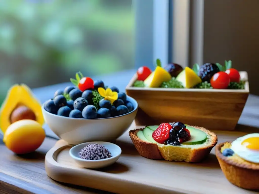 Un desayuno primaveral sin gluten, colorido y vibrante en una mesa de madera rústica, iluminado por el sol con flores frescas