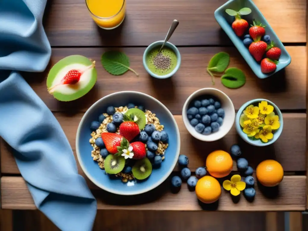 Un desayuno primaveral sin gluten rebosante de energía en una mesa rústica de madera