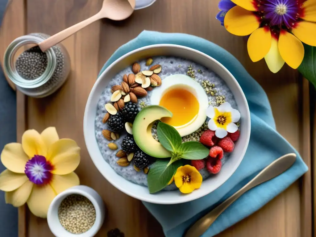 Un desayuno primaveral vibrante sin gluten, lleno de energía y color, con frutas frescas, aguacate en tostadas, chía y té herbal