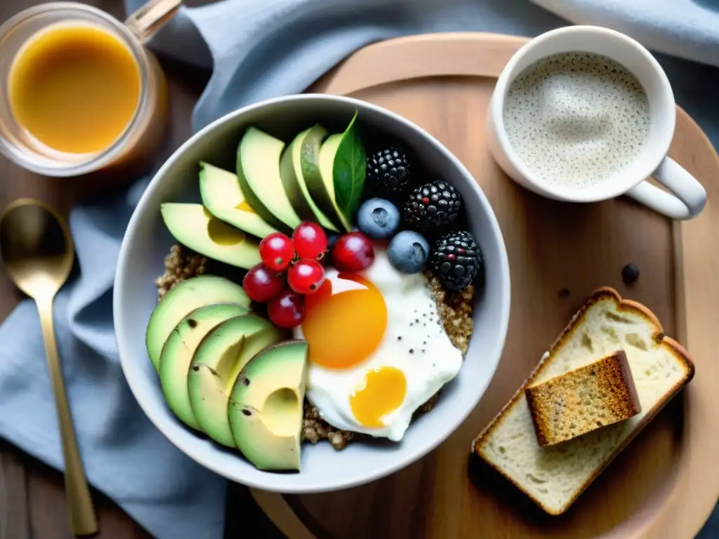 Un desayuno sin gluten rápido y vibrante: frutas frescas, yogurt con miel, chía pudding, tostada de aguacate y café