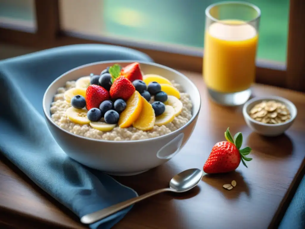 Un desayuno reconfortante con avena sin gluten y frutas frescas, bañado por la cálida luz matutina