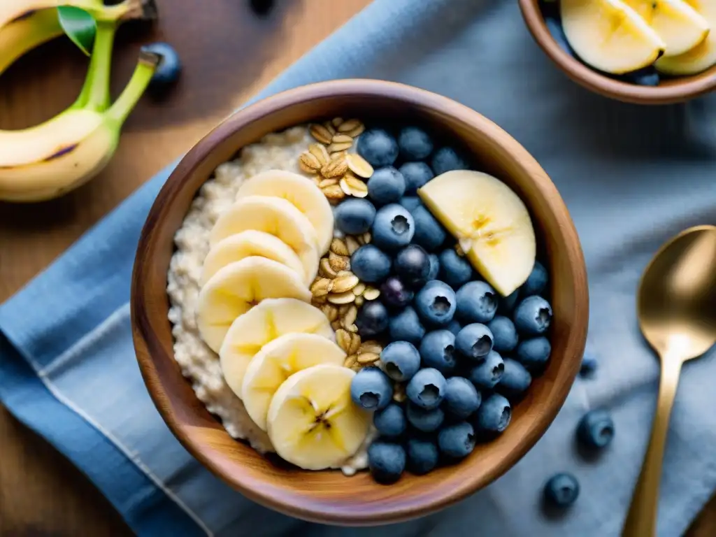 Un desayuno reconfortante de avena sin gluten con arándanos, plátanos, chía y miel dorada, bañado por luz matutina en la cocina