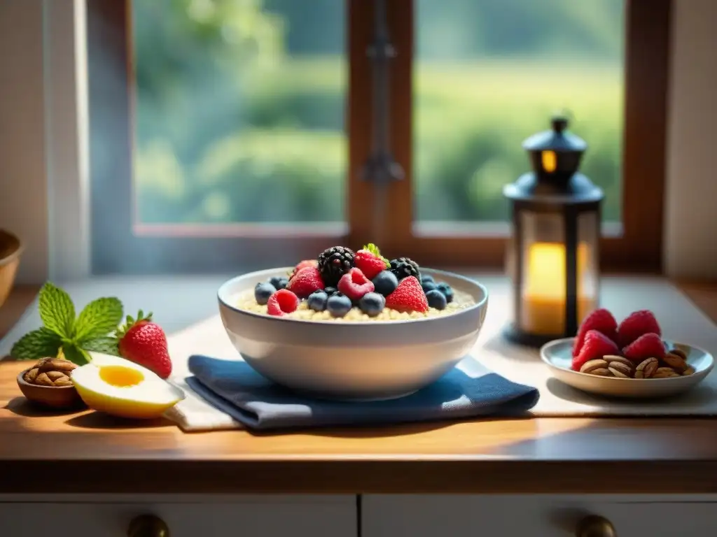Desayuno reconfortante: avena sin gluten con frutas y miel Un desayuno reconfortante: porridge sin gluten receta nutritiva en una cocina acogedora