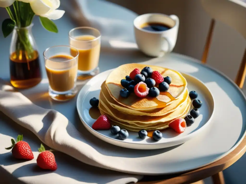 Desayuno romántico con crepes sin gluten dorados, bayas frescas y café, bañado por cálida luz matutina