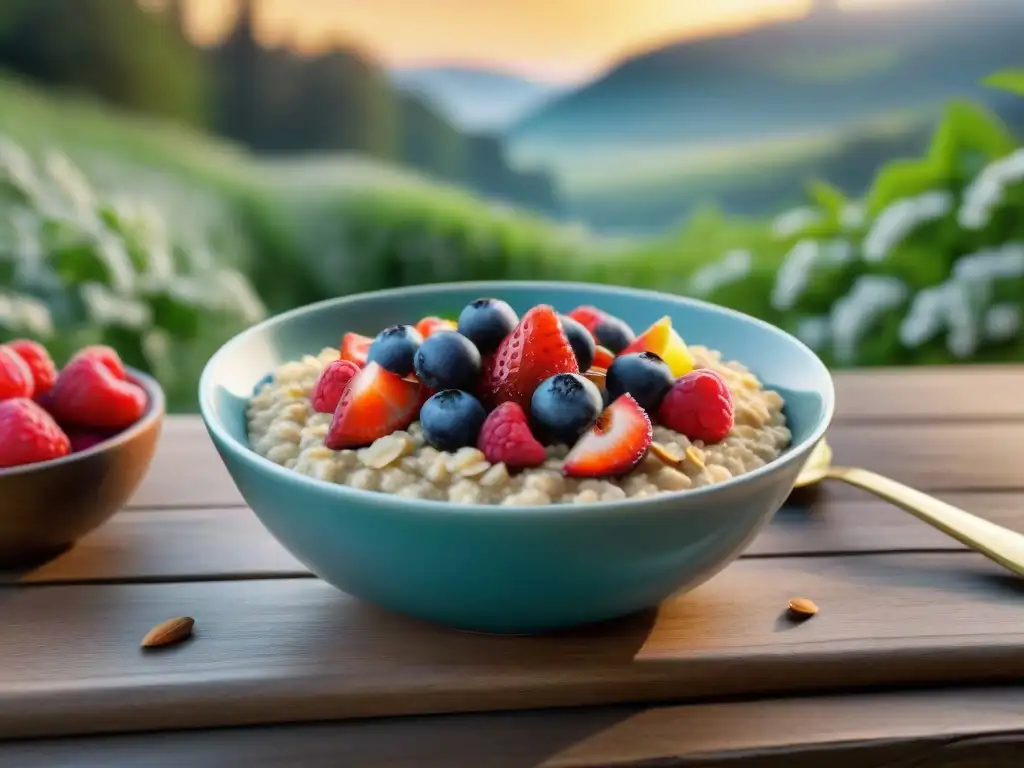 Disfruta de un desayuno saludable de avena sin gluten con frutas frescas y almendras en una mesa rústica al aire libre